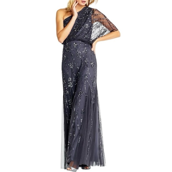 Adrianna Papell Dresses & Skirts - Adrianna Papell One Shoulder Beaded Dress Gray Size 4 Wedding Mother Of Bride